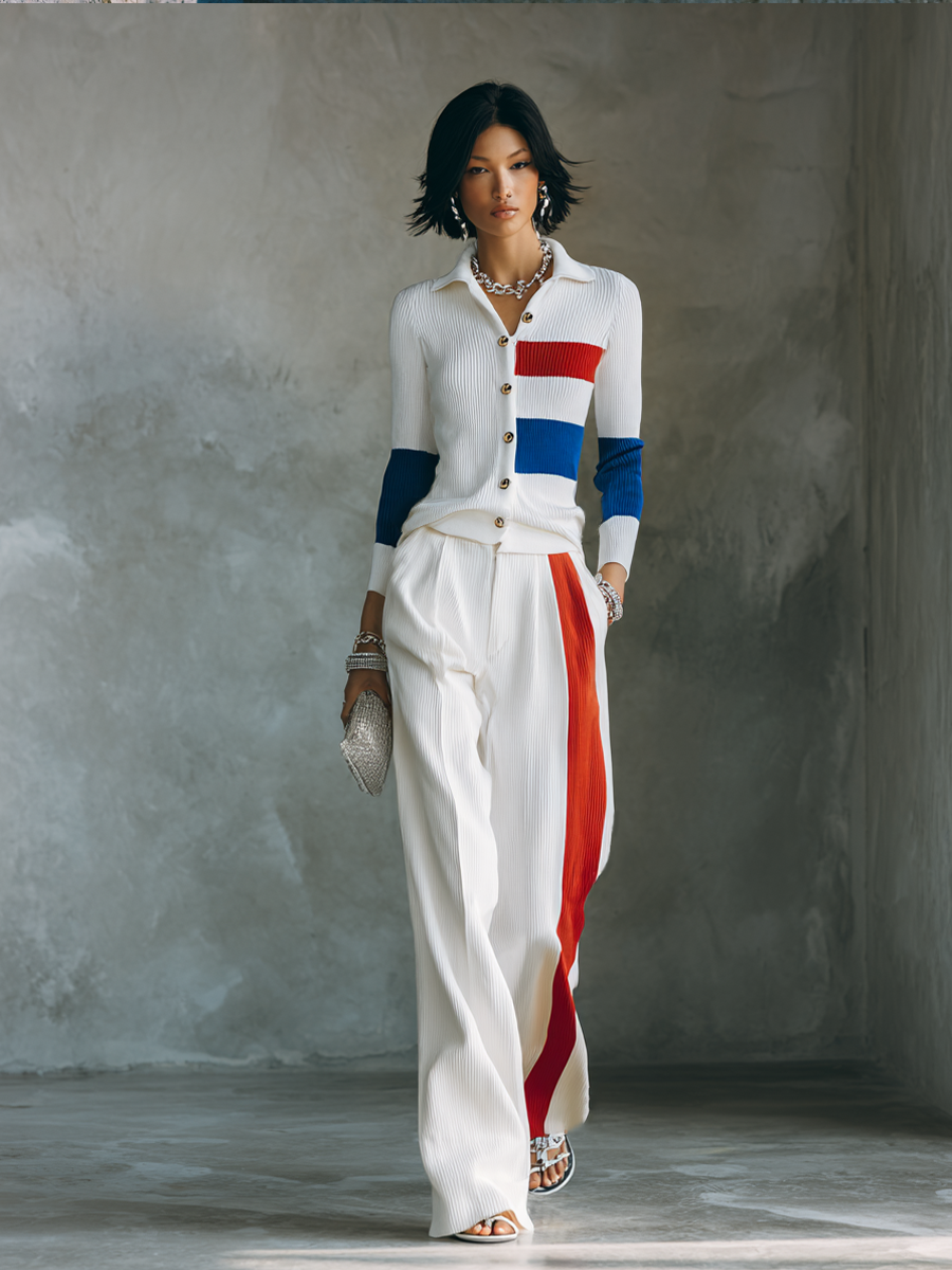 Women's Colorblock Commuter Knit Wide-Leg Pants Set MDZ1328H2GMJ