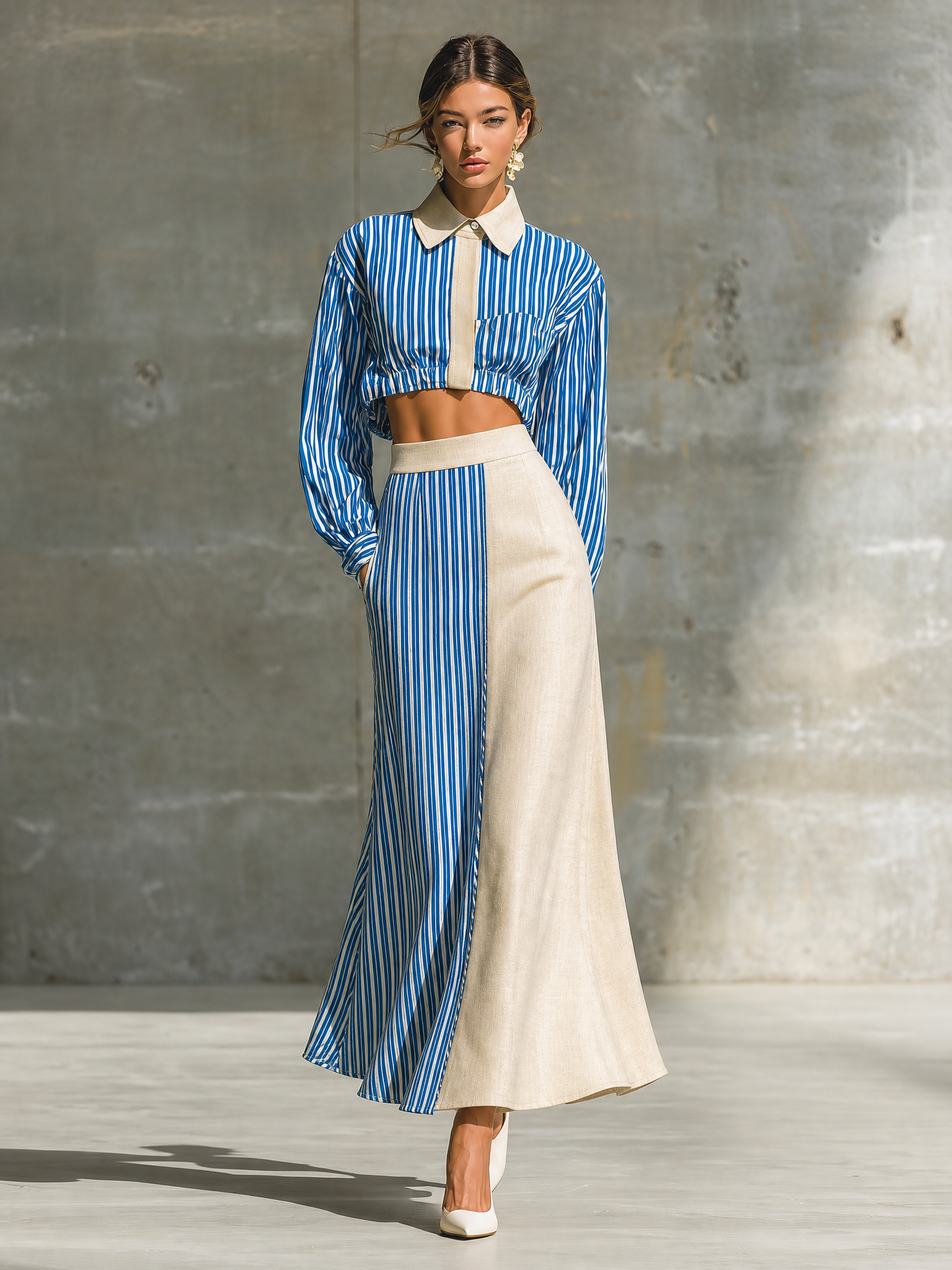 Women's Striped Colorblock Cropped Shirt & Maxi Skirt Two-Piece Set MDZ1389H0YZJ