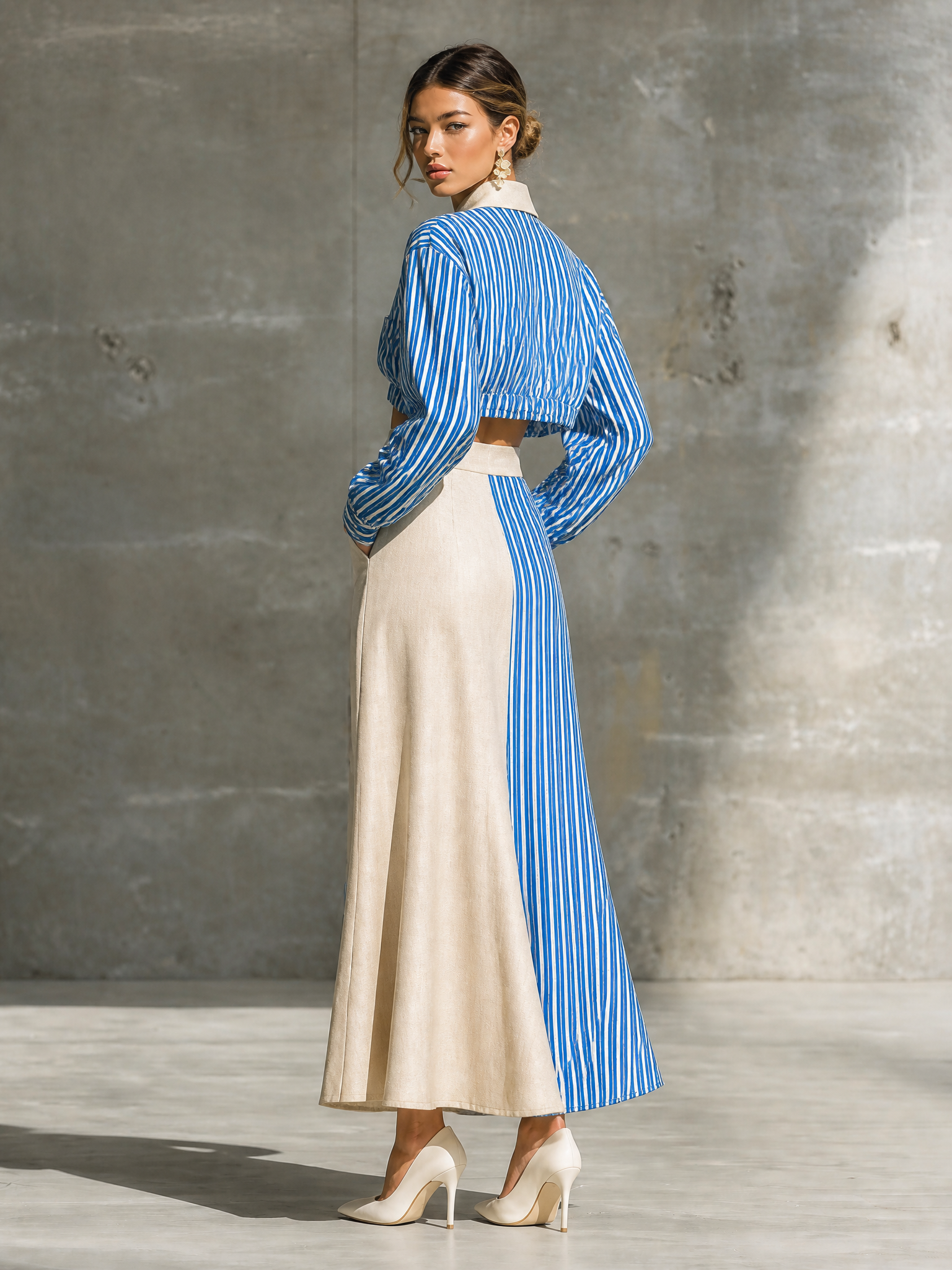 Women's Striped Colorblock Cropped Shirt & Maxi Skirt Two-Piece Set MDZ1389H0YZJ