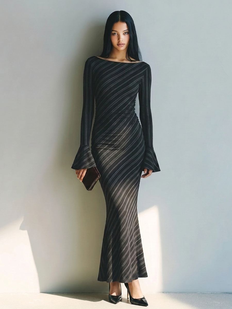 Women's Off-Shoulder Diagonal-Stripe Stretch Knit Mermaid Maxi Dress MDZ1321H4ZRK