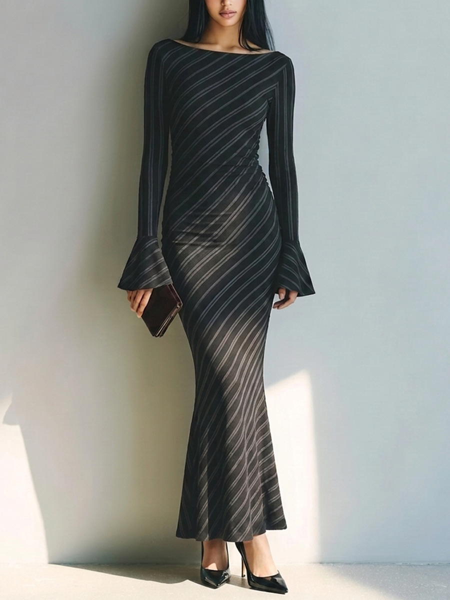 Women's Off-Shoulder Diagonal-Stripe Stretch Knit Mermaid Maxi Dress MDZ1321H4ZRK