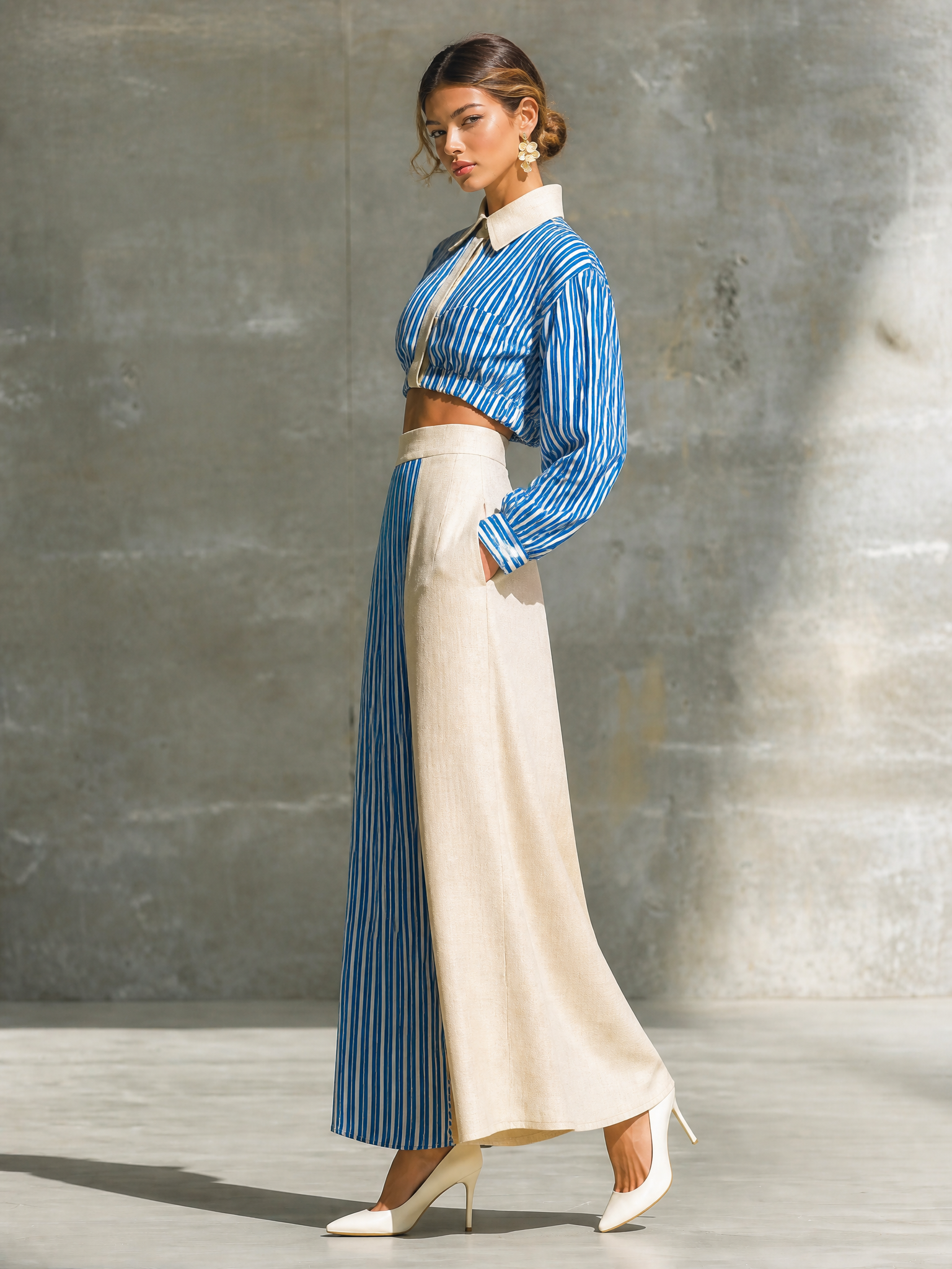 Women's Striped Colorblock Cropped Shirt & Maxi Skirt Two-Piece Set MDZ1389H0YZJ