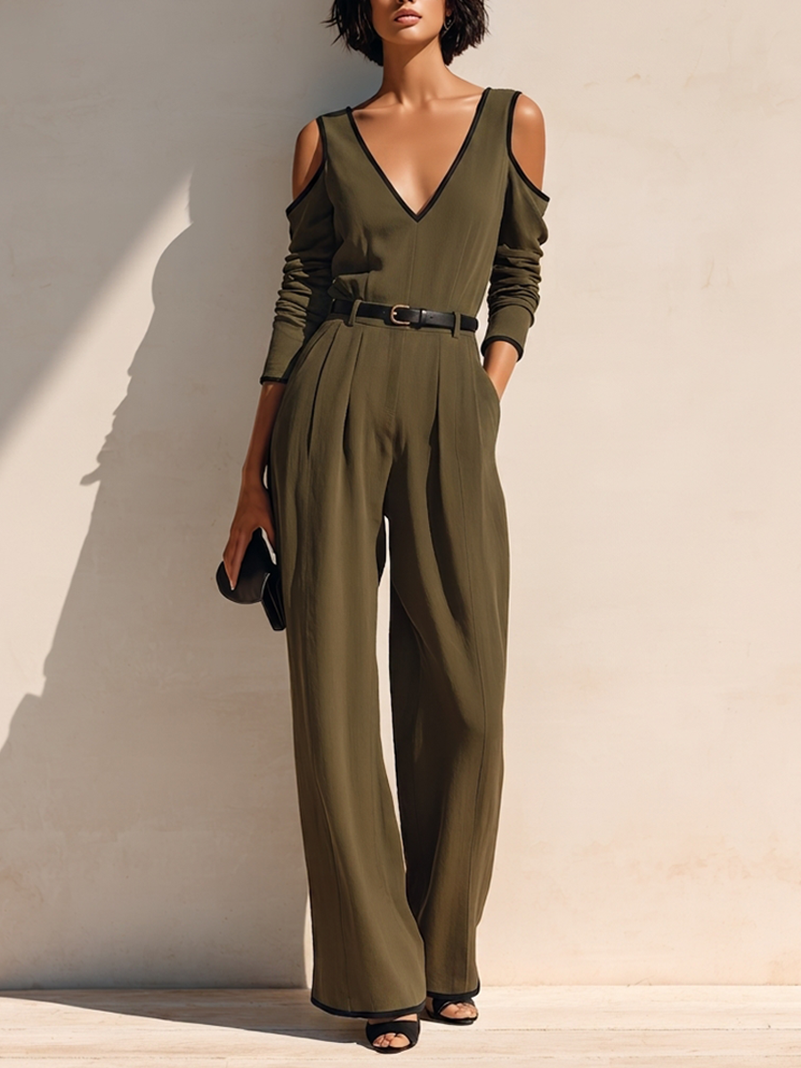 Women's Cotton-Blend Jumpsuit With V-Neck, Cold-Shoulder Cutout And Contrast Piping MDZ1358H4ZRK