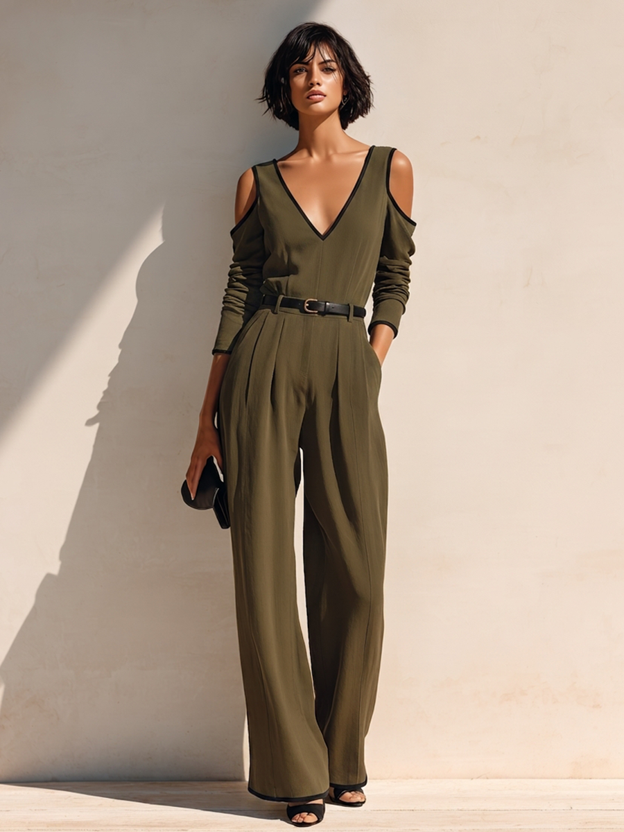 Women's Cotton-Blend Jumpsuit With V-Neck, Cold-Shoulder Cutout And Contrast Piping MDZ1358H4ZRK