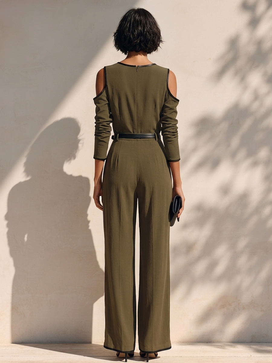 Women's Cotton-Blend Jumpsuit With V-Neck, Cold-Shoulder Cutout And Contrast Piping MDZ1358H4ZRK