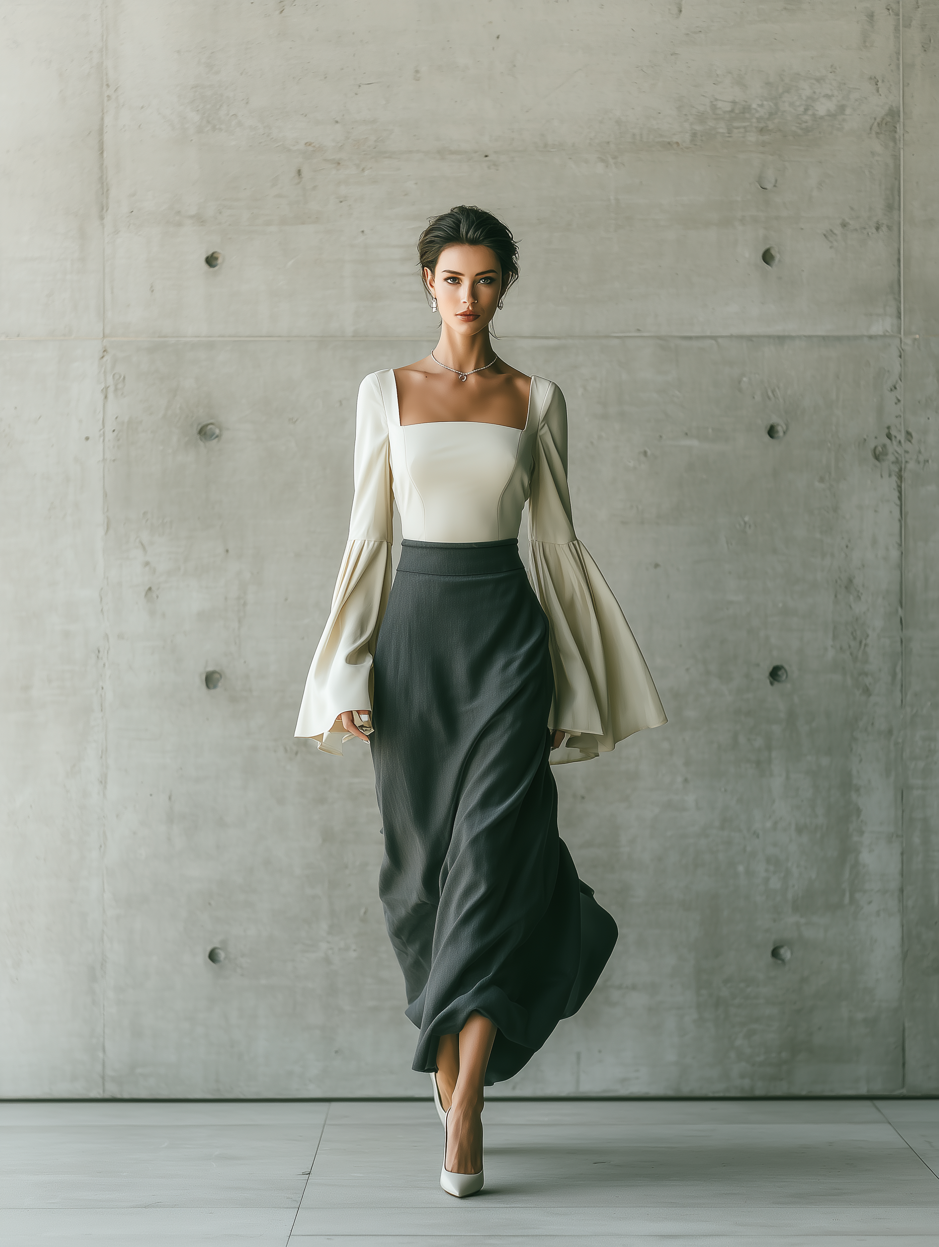 Women's Square Neck Bell Sleeve Top With High Waist Maxi Skirt Set MDZ1328H8YZJ