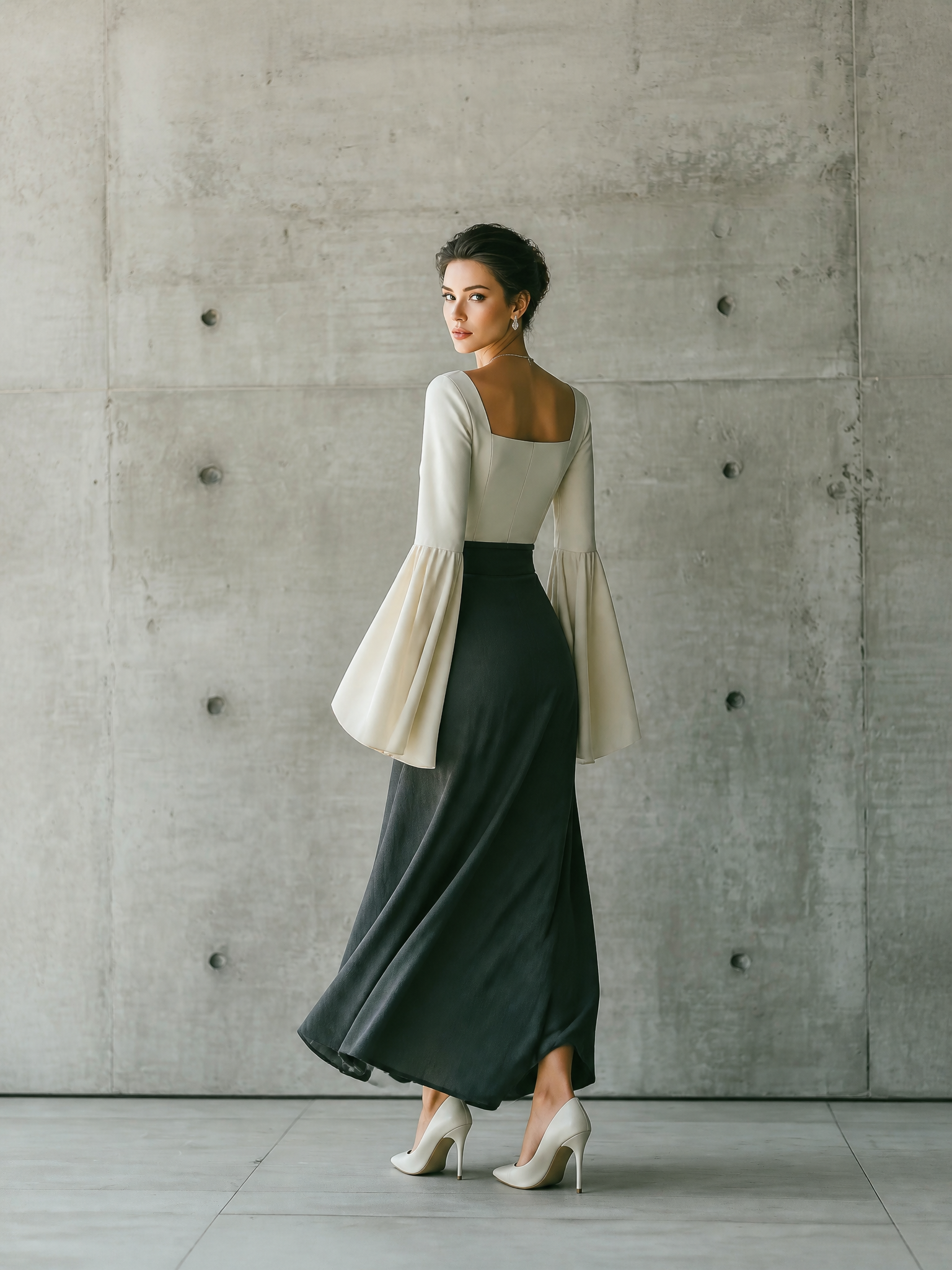 Women's Square Neck Bell Sleeve Top With High Waist Maxi Skirt Set MDZ1328H8YZJ