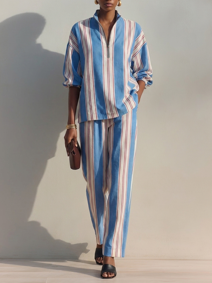 Women's Striped Half-Zip Stand Collar Cotton-Linen Set MDZ1392H8ZRK