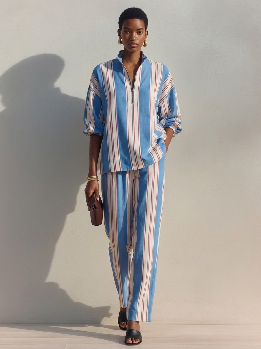 Women's Striped Half-Zip Stand Collar Cotton-Linen Set MDZ1392H8ZRK