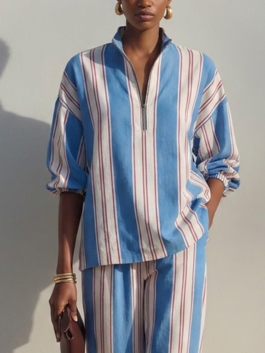 Women's Striped Half-Zip Stand Collar Cotton-Linen Set MDZ1392H8ZRK