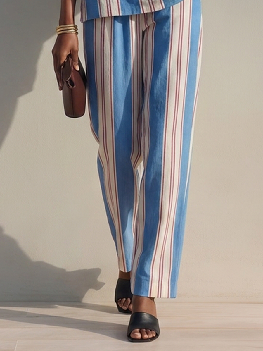 Women's Striped Half-Zip Stand Collar Cotton-Linen Set MDZ1392H8ZRK