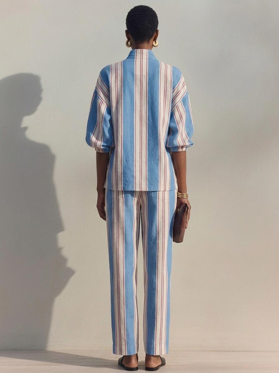Women's Striped Half-Zip Stand Collar Cotton-Linen Set MDZ1392H8ZRK