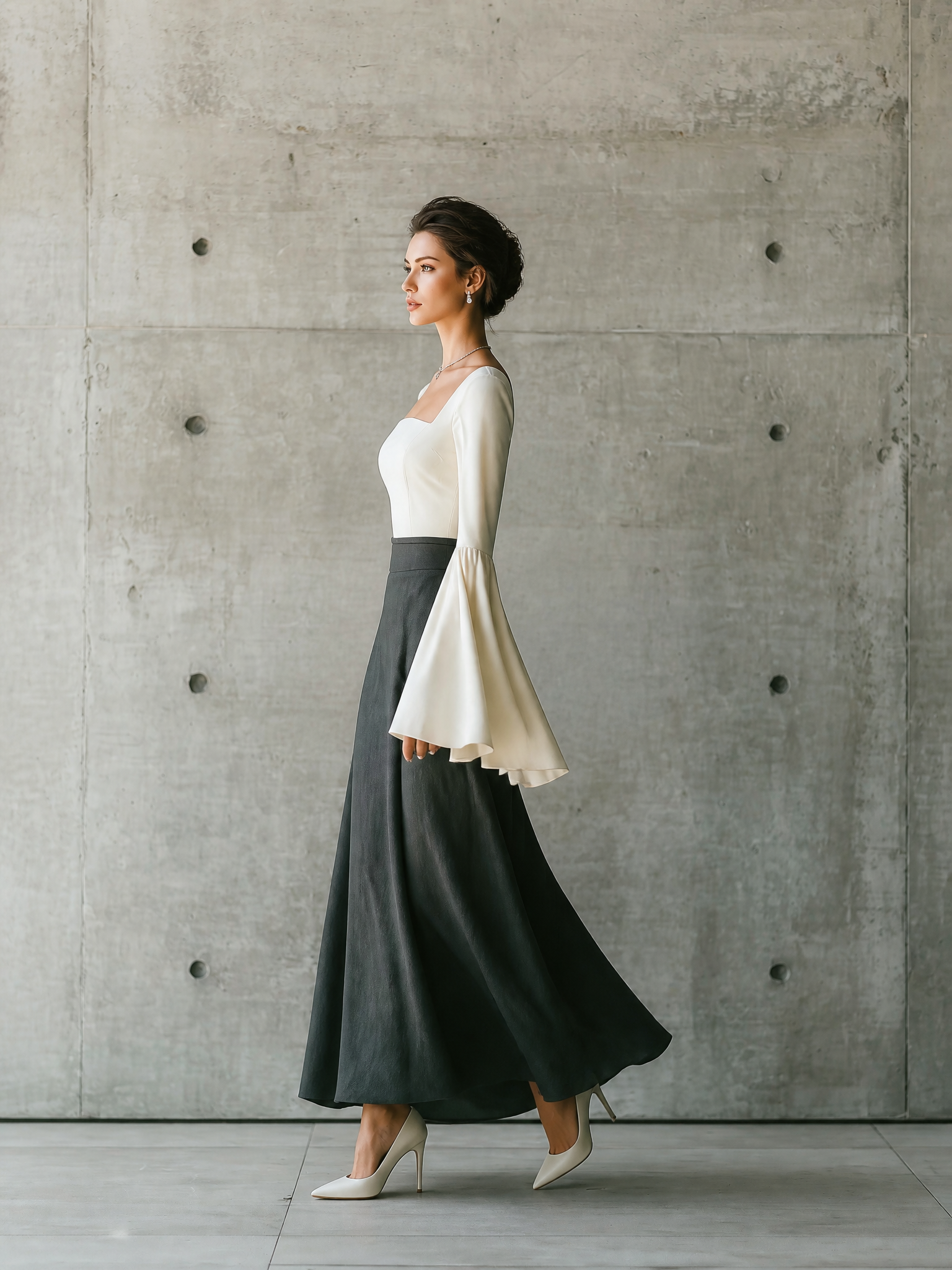 Women's Square Neck Bell Sleeve Top With High Waist Maxi Skirt Set MDZ1328H8YZJ