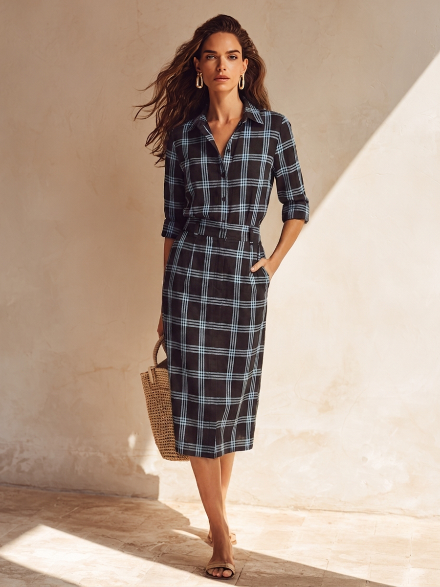 Women's Plaid Shirt & Straight-Cut Midi Skirt Cotton-Linen Set MDZ1313H0ZRK
