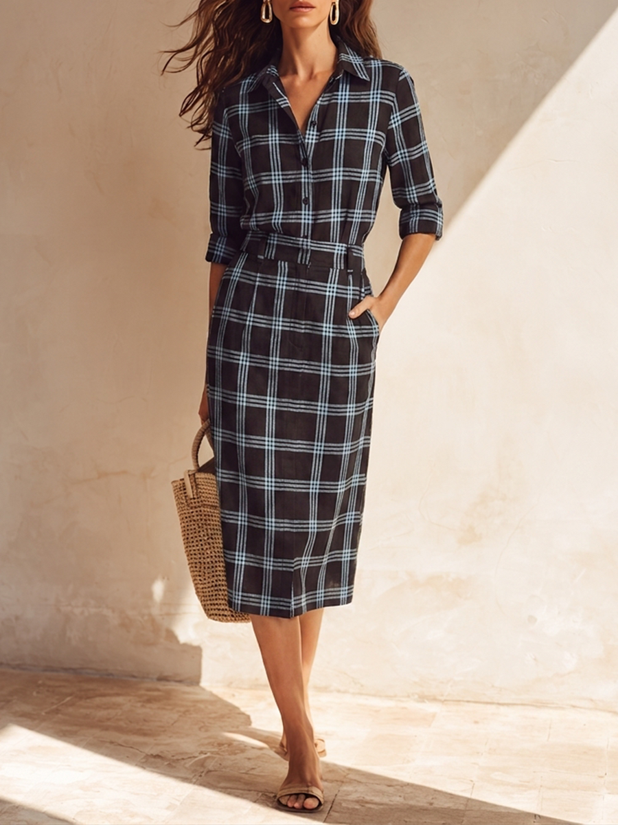 Women's Plaid Shirt & Straight-Cut Midi Skirt Cotton-Linen Set MDZ1313H0ZRK