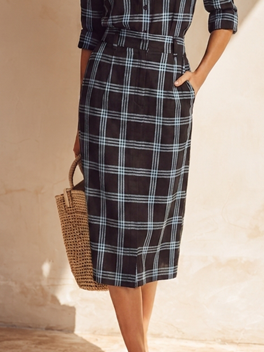 Women's Plaid Shirt & Straight-Cut Midi Skirt Cotton-Linen Set MDZ1313H0ZRK