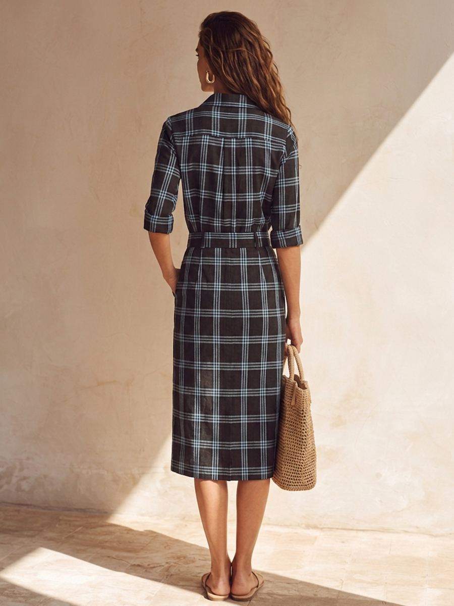 Women's Plaid Shirt & Straight-Cut Midi Skirt Cotton-Linen Set MDZ1313H0ZRK