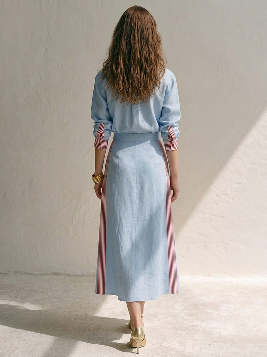 Women's Color-Block Striped Panel Cotton-Linen Shirt & Skirt Set MDZ1336H8ZRK