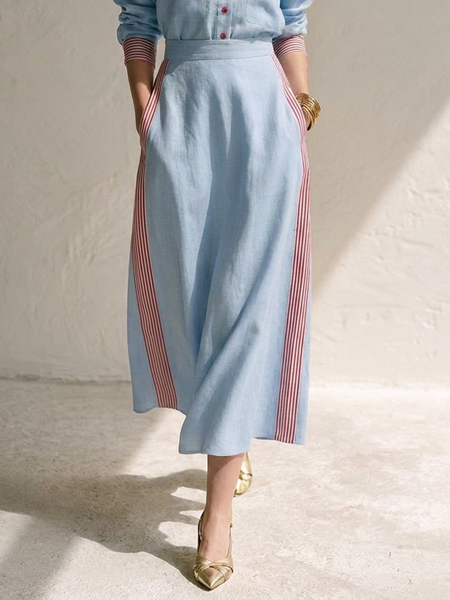 Women's Color-Block Striped Panel Cotton-Linen Shirt & Skirt Set MDZ1336H8ZRK