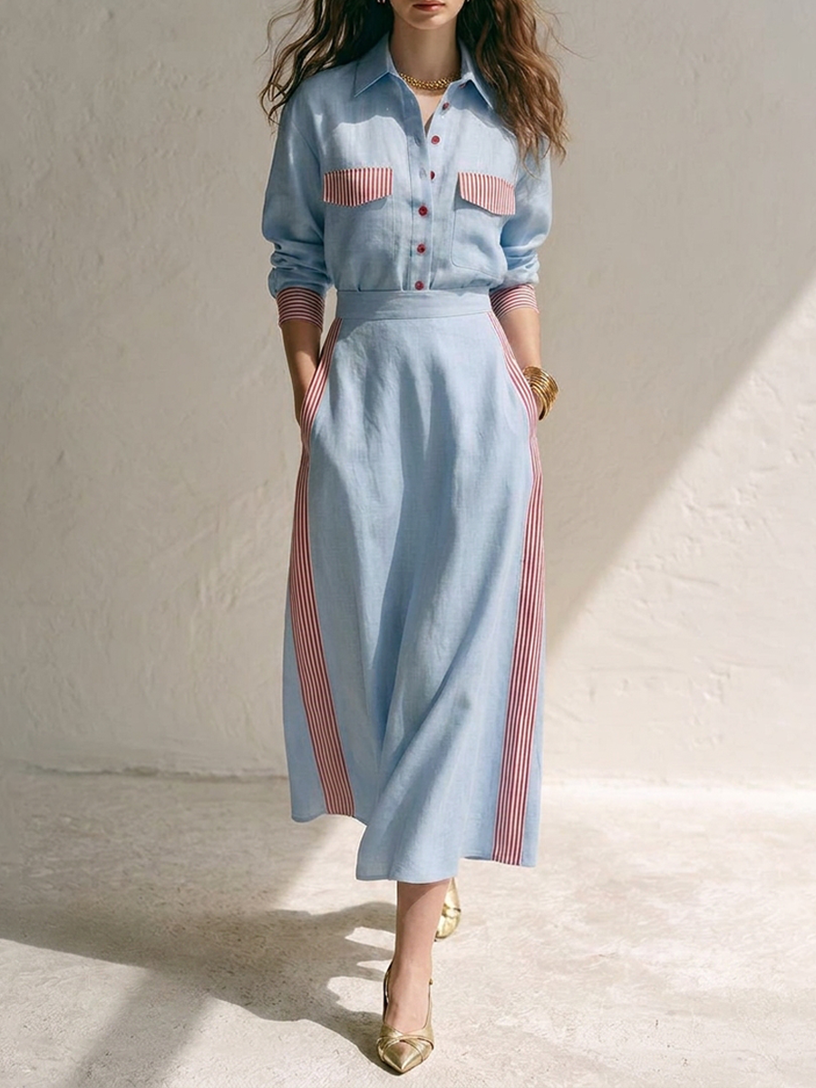 Women's Color-Block Striped Panel Cotton-Linen Shirt & Skirt Set MDZ1336H8ZRK