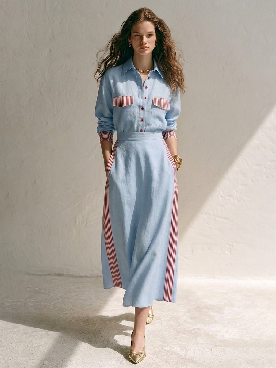 Women's Color-Block Striped Panel Cotton-Linen Shirt & Skirt Set MDZ1336H8ZRK