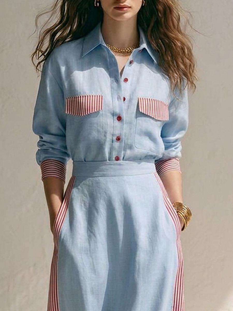 Women's Color-Block Striped Panel Cotton-Linen Shirt & Skirt Set MDZ1336H8ZRK