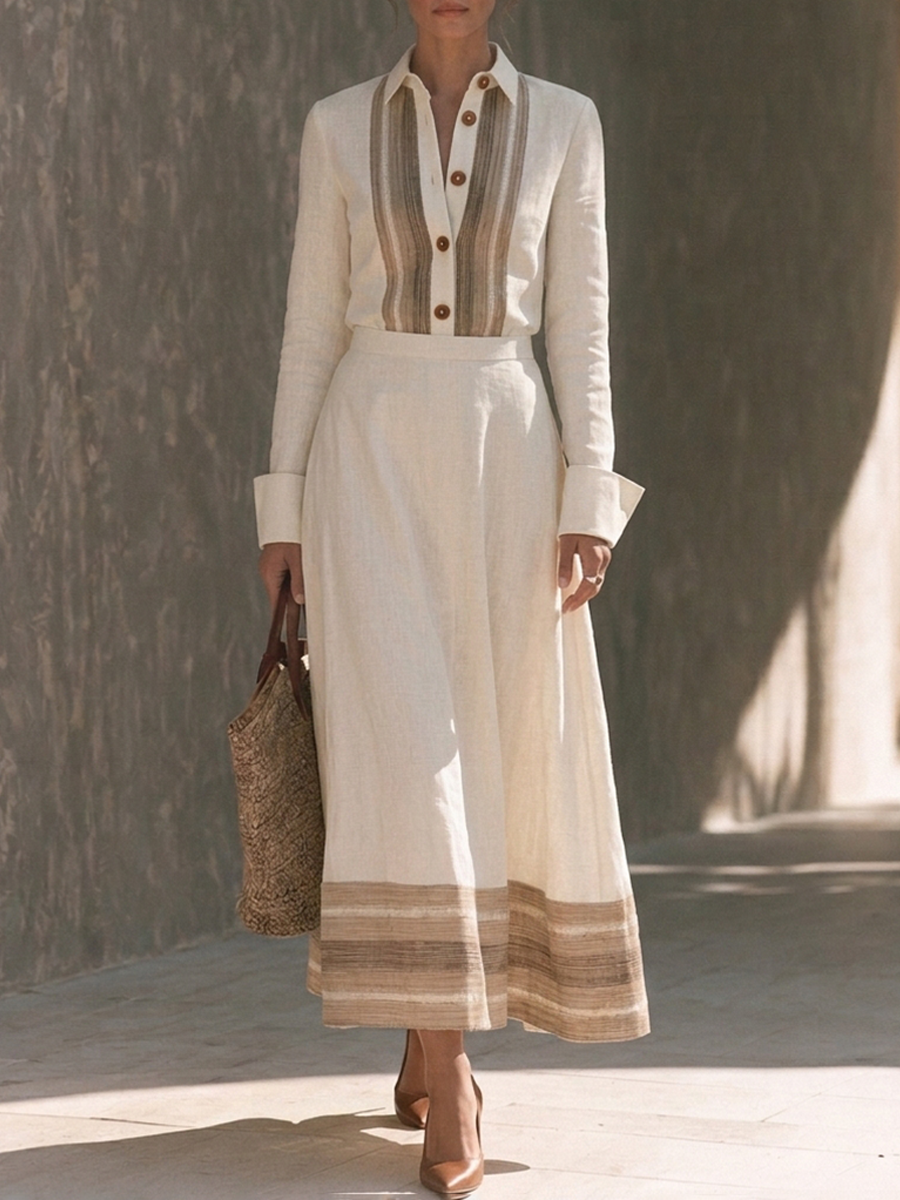 Women's Striped Panel Cotton-Linen Shirt & Maxi Skirt Two-Piece Set MDZ1366H0ZRK