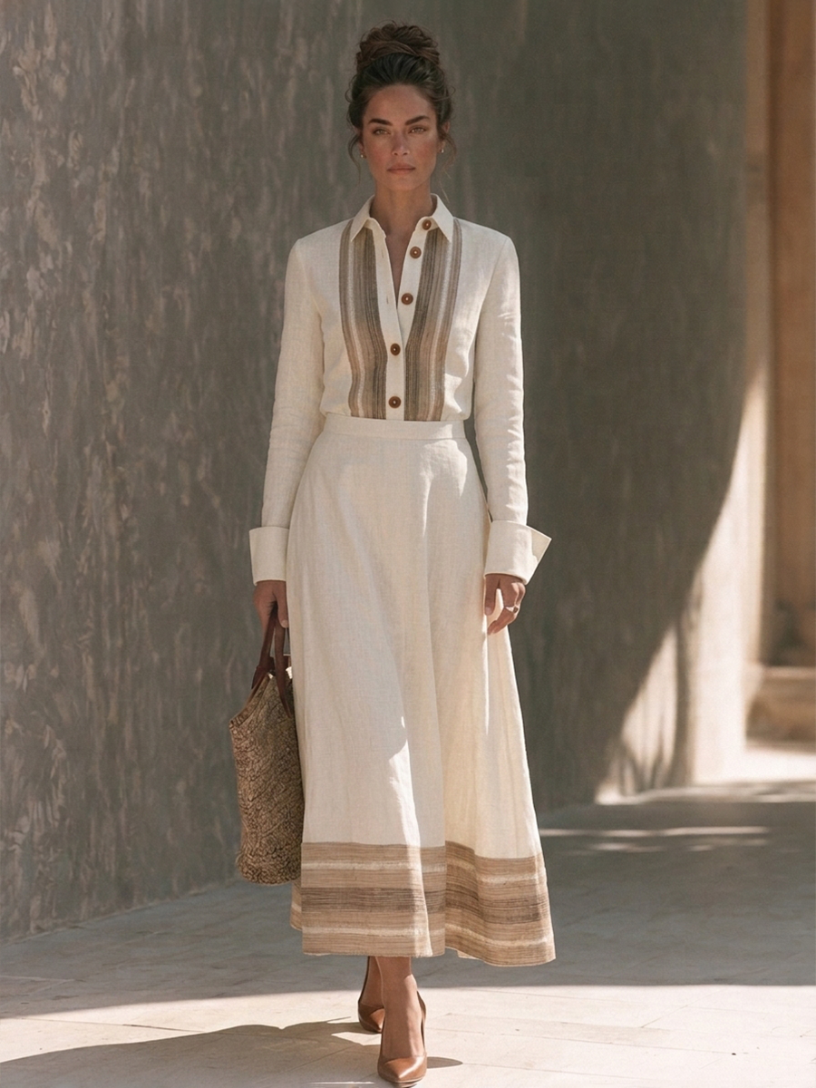 Women's Striped Panel Cotton-Linen Shirt & Maxi Skirt Two-Piece Set MDZ1366H0ZRK
