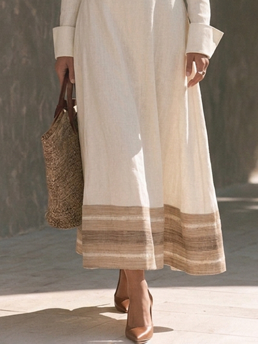 Women's Striped Panel Cotton-Linen Shirt & Maxi Skirt Two-Piece Set MDZ1366H0ZRK