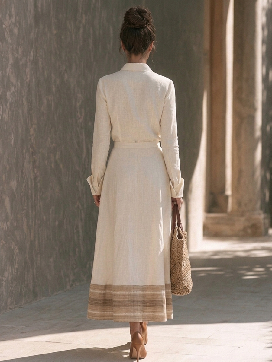 Women's Striped Panel Cotton-Linen Shirt & Maxi Skirt Two-Piece Set MDZ1366H0ZRK