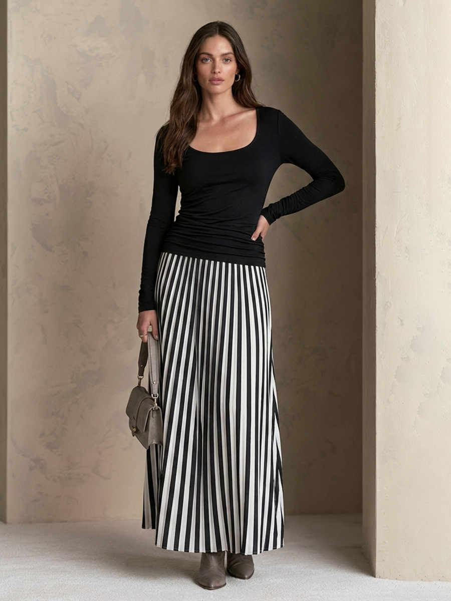 Women's U-Neck Long-Sleeve Knit Top & Striped Maxi Skirt Set MDZ1314H3ZRK