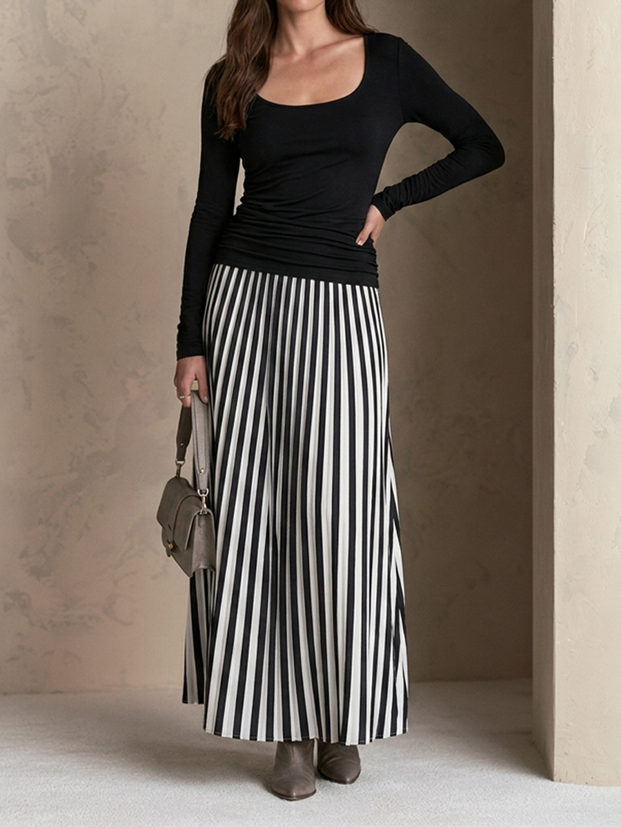Women's U-Neck Long-Sleeve Knit Top & Striped Maxi Skirt Set MDZ1314H3ZRK
