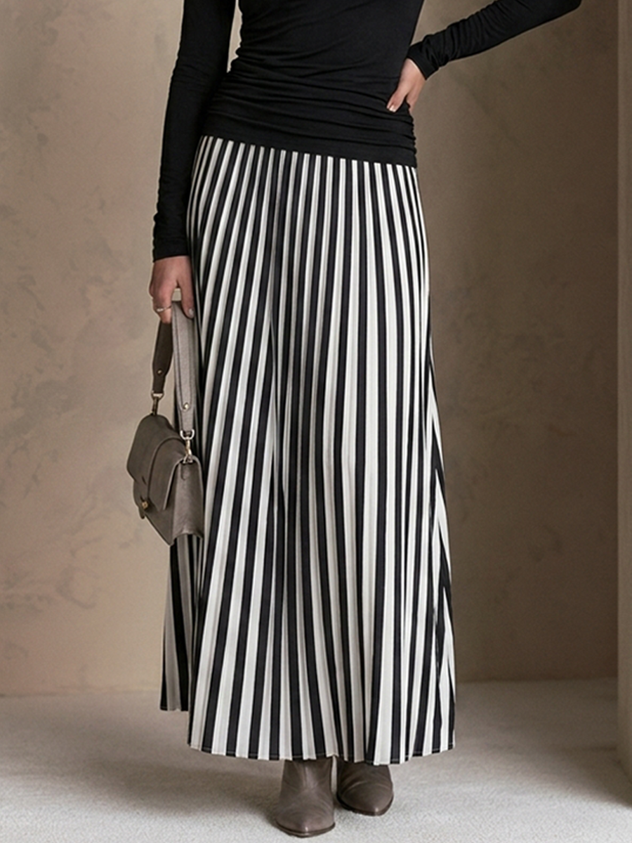 Women's U-Neck Long-Sleeve Knit Top & Striped Maxi Skirt Set MDZ1314H3ZRK