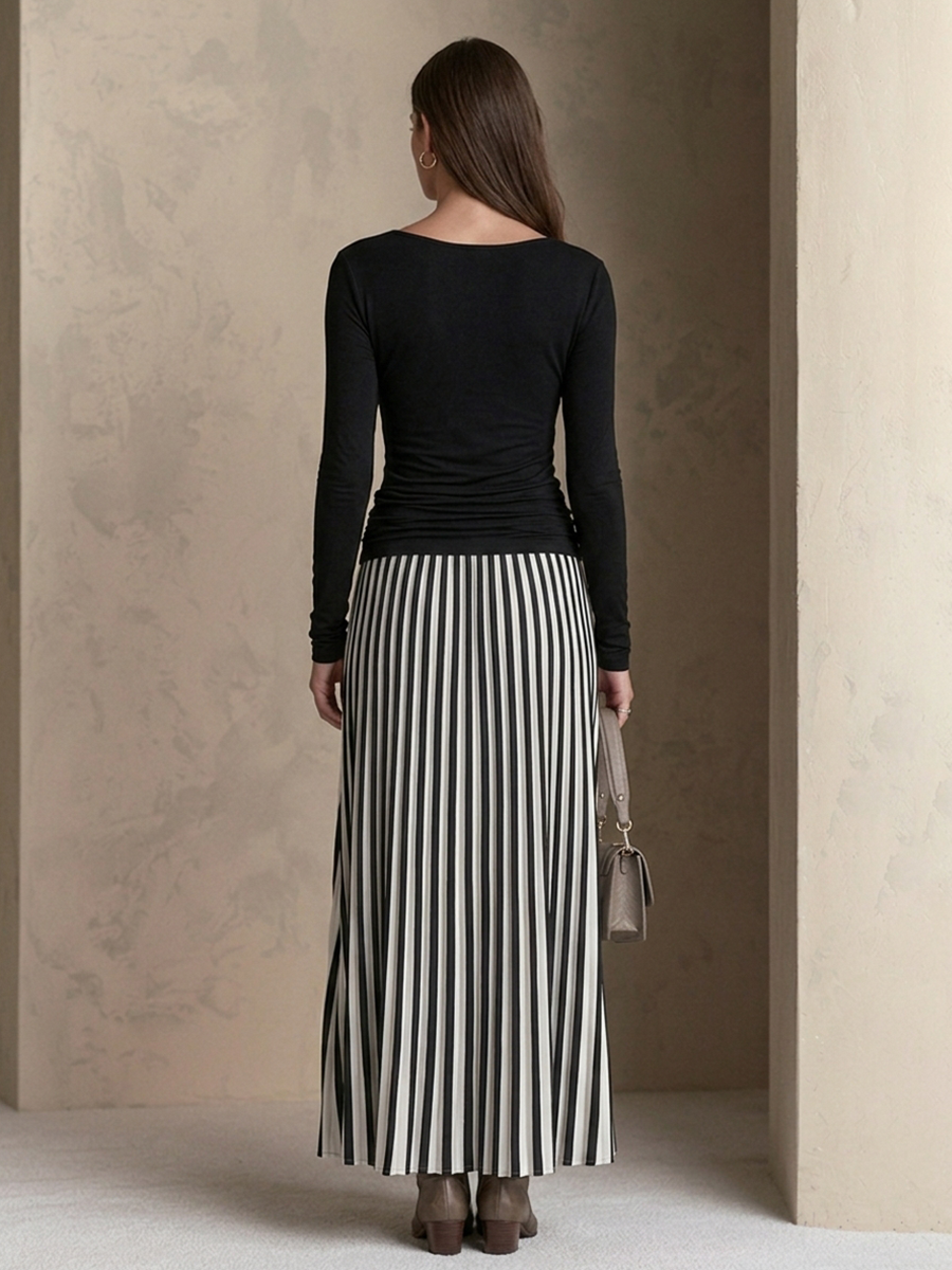 Women's U-Neck Long-Sleeve Knit Top & Striped Maxi Skirt Set MDZ1314H3ZRK