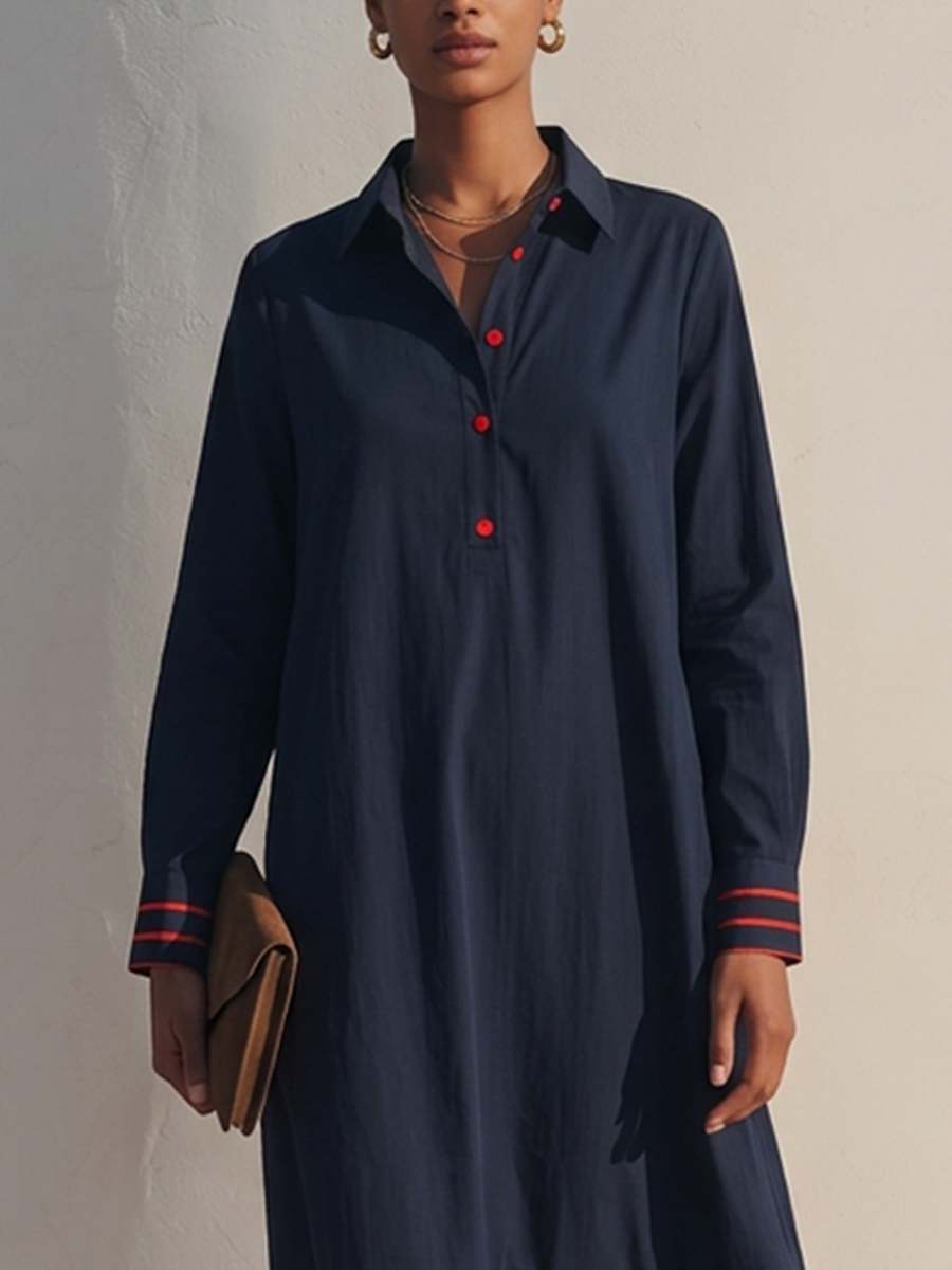 Women's Cotton-Blend Shirt-Style Dress With Contrast-Stripe Details MDZ1381H4ZRK