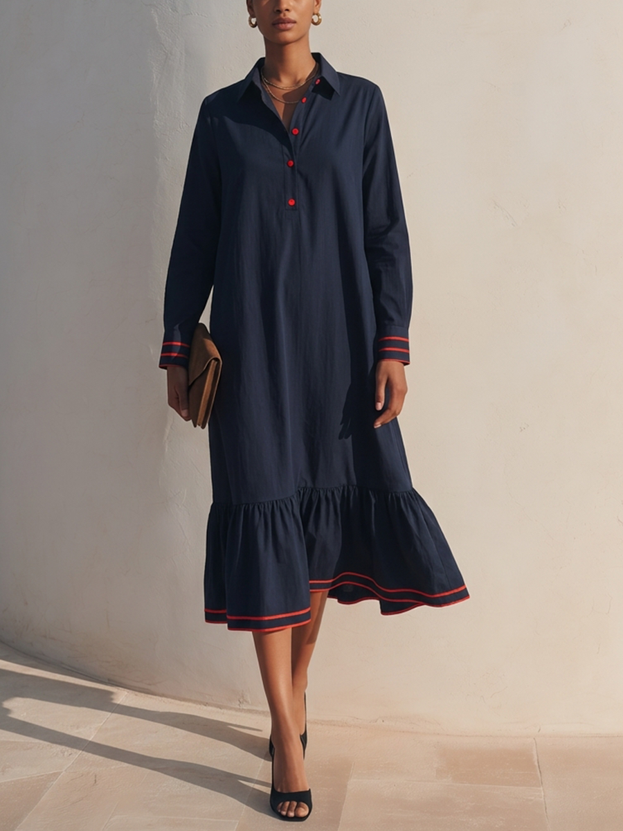 Women's Cotton-Blend Shirt-Style Dress With Contrast-Stripe Details MDZ1381H4ZRK