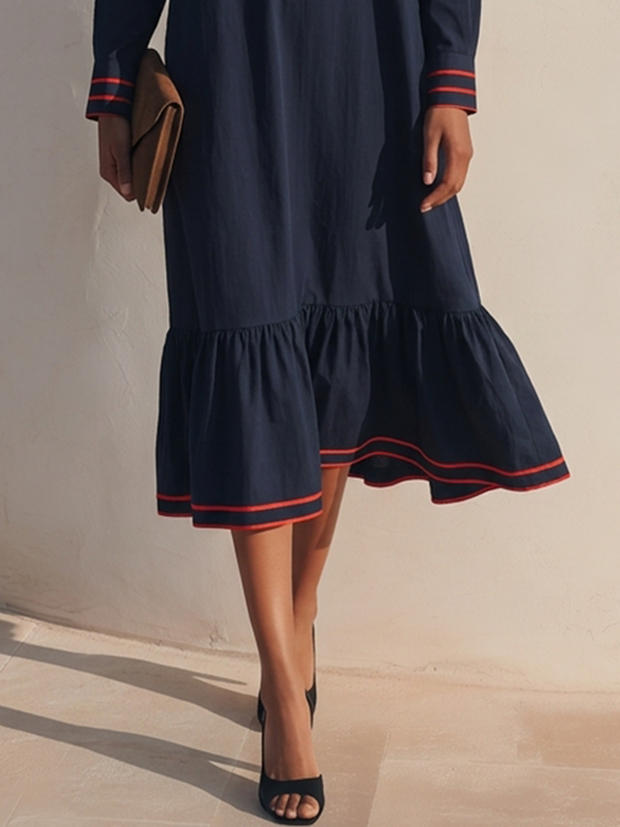 Women's Cotton-Blend Shirt-Style Dress With Contrast-Stripe Details MDZ1381H4ZRK