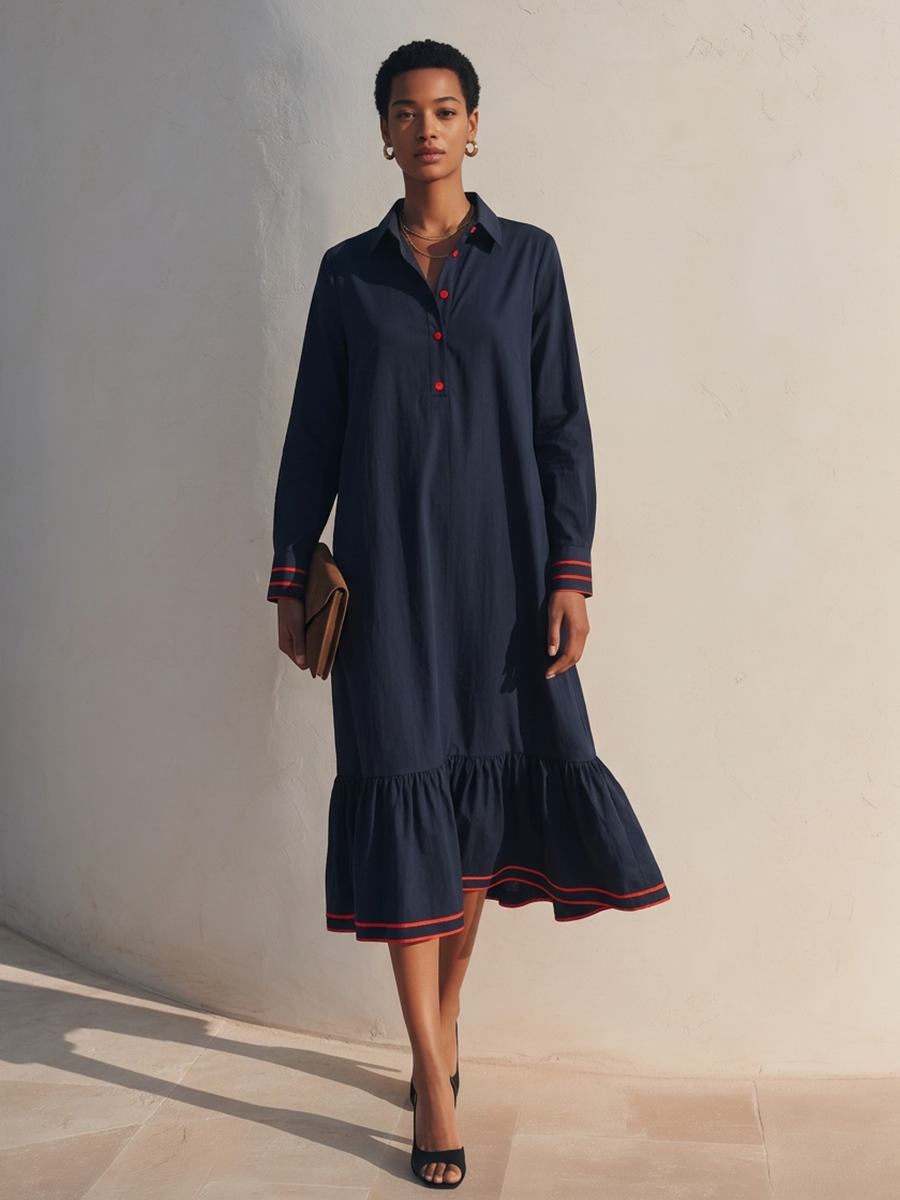Women's Cotton-Blend Shirt-Style Dress With Contrast-Stripe Details MDZ1381H4ZRK