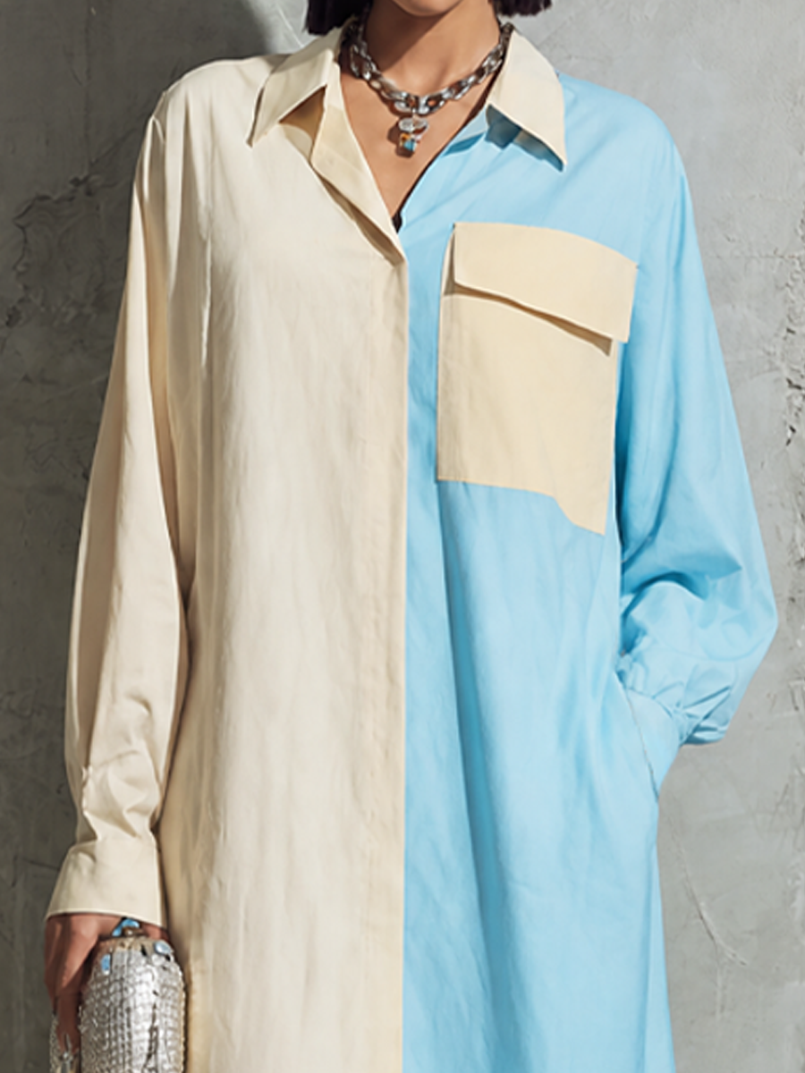 Women's Colorblock Casual Collared Midi Shirt Dress MDZ1339H0GMJ
