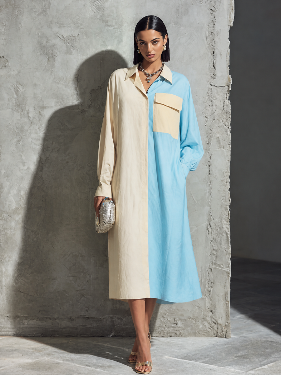 Women's Colorblock Casual Collared Midi Shirt Dress MDZ1339H0GMJ