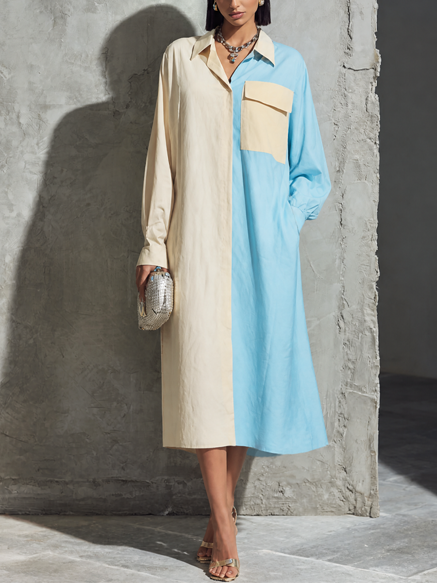 Women's Colorblock Casual Collared Midi Shirt Dress MDZ1339H0GMJ