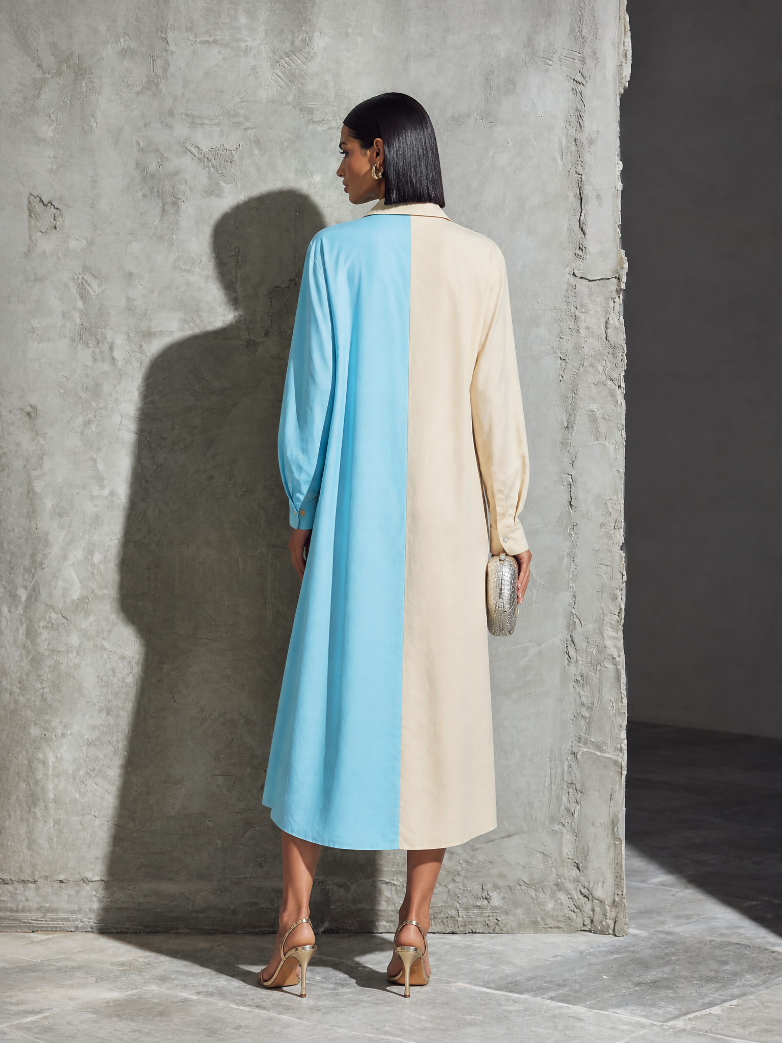 Women's Colorblock Casual Collared Midi Shirt Dress MDZ1339H0GMJ
