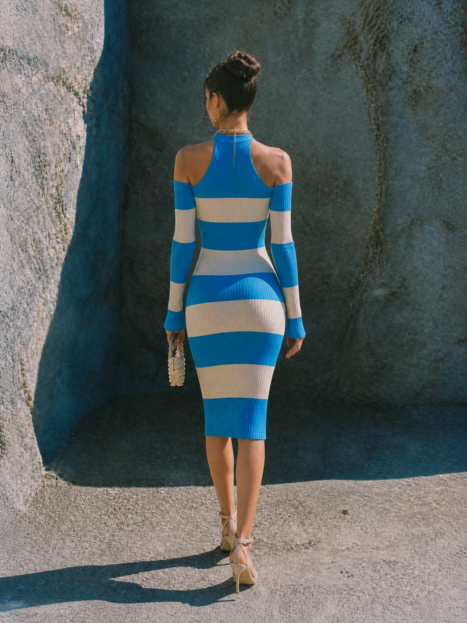 Women's Striped Knit Fitted Off-shoulder Midi Dress MDZ1388H2GMJ