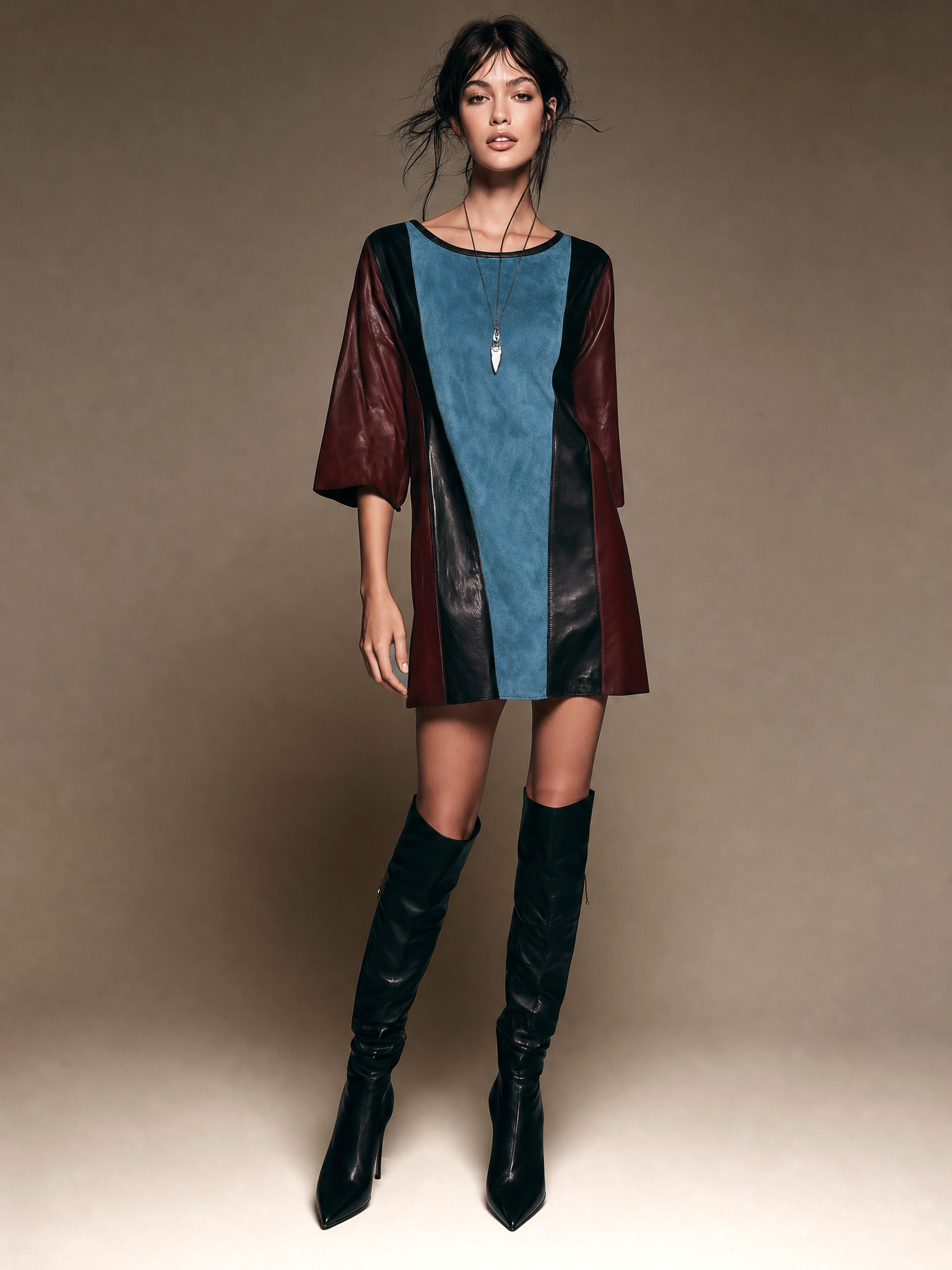 Women's Retro Faux Suede And Faux Leather Panel Mini Dress With Mid-Length Sleeves MDZ1342H1WY