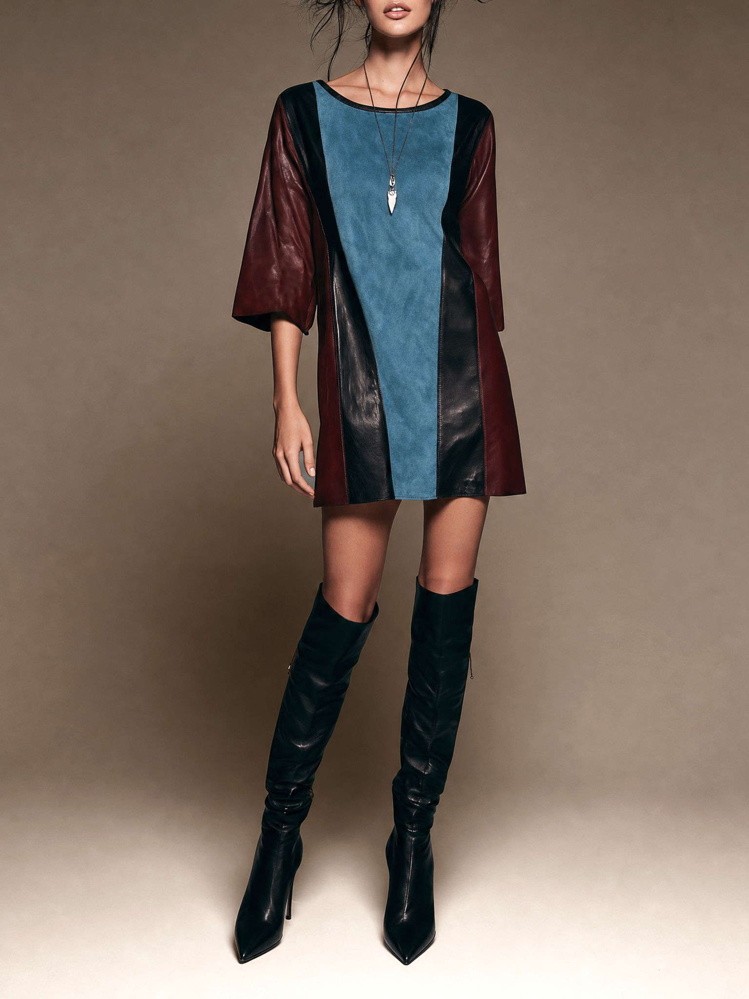 Women's Retro Faux Suede And Faux Leather Panel Mini Dress With Mid-Length Sleeves MDZ1342H1WY
