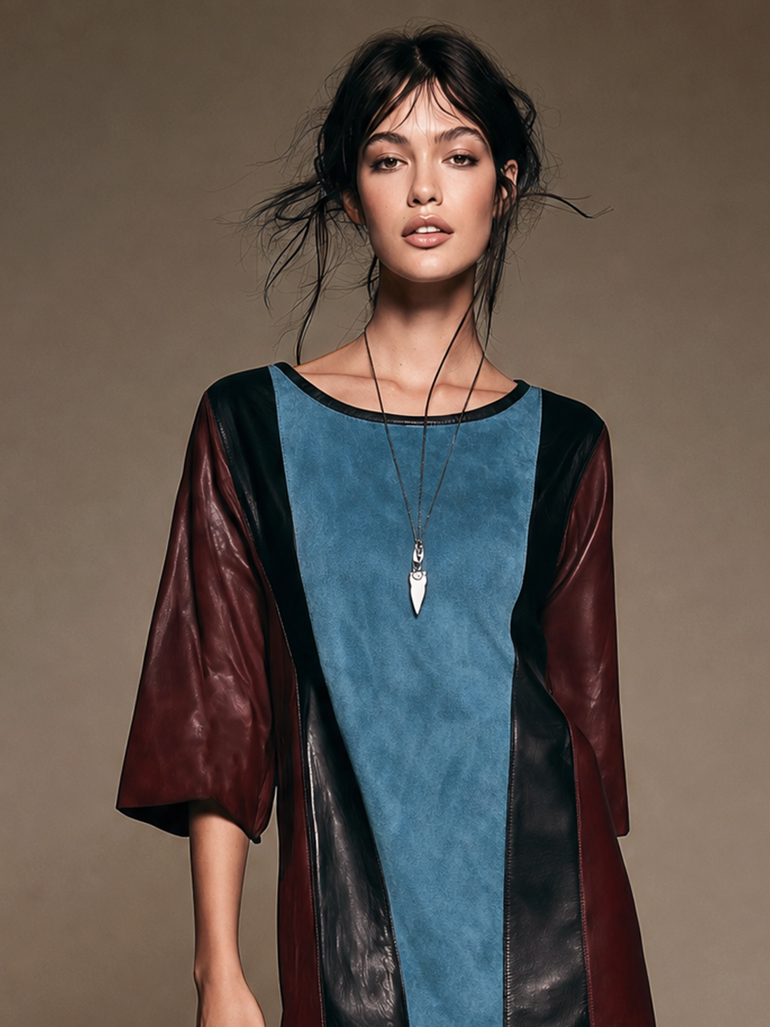 Women's Retro Faux Suede And Faux Leather Panel Mini Dress With Mid-Length Sleeves MDZ1342H1WY