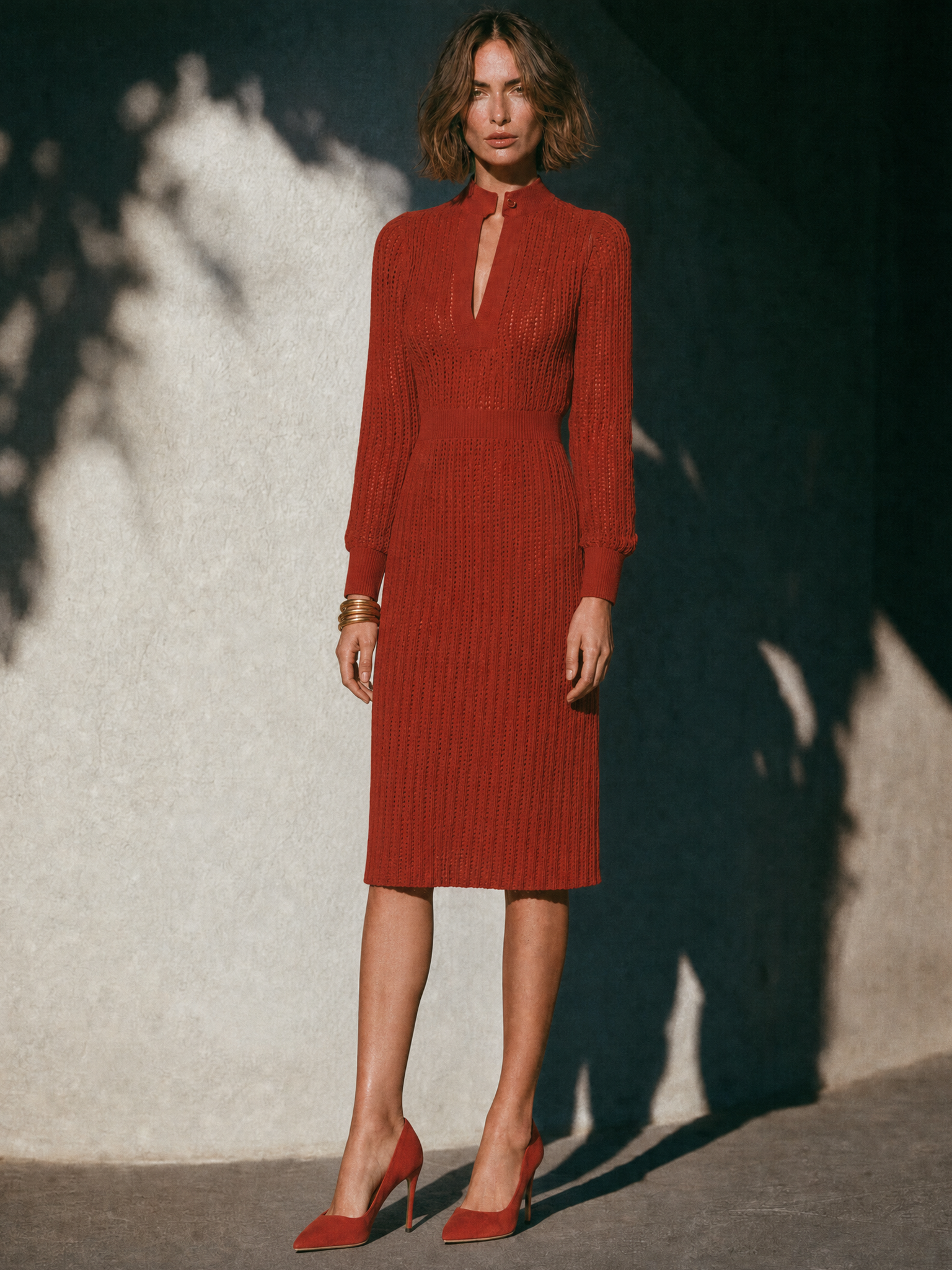 Women's Vintage Quiet Luxury Cut-Out Stand-Collar Knit Midi Dress MDZ1389H0WY