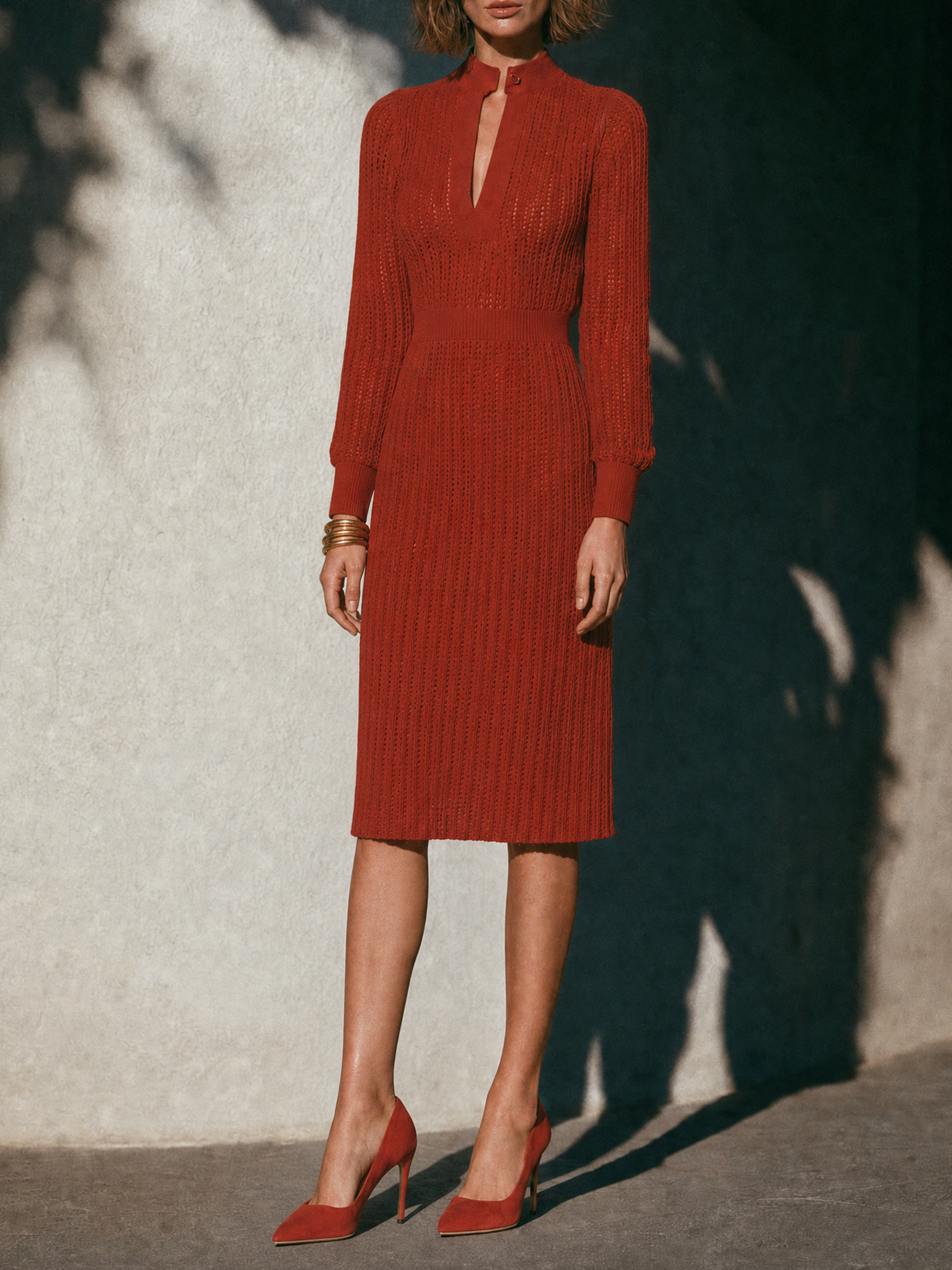 Women's Vintage Quiet Luxury Cut-Out Stand-Collar Knit Midi Dress MDZ1389H0WY