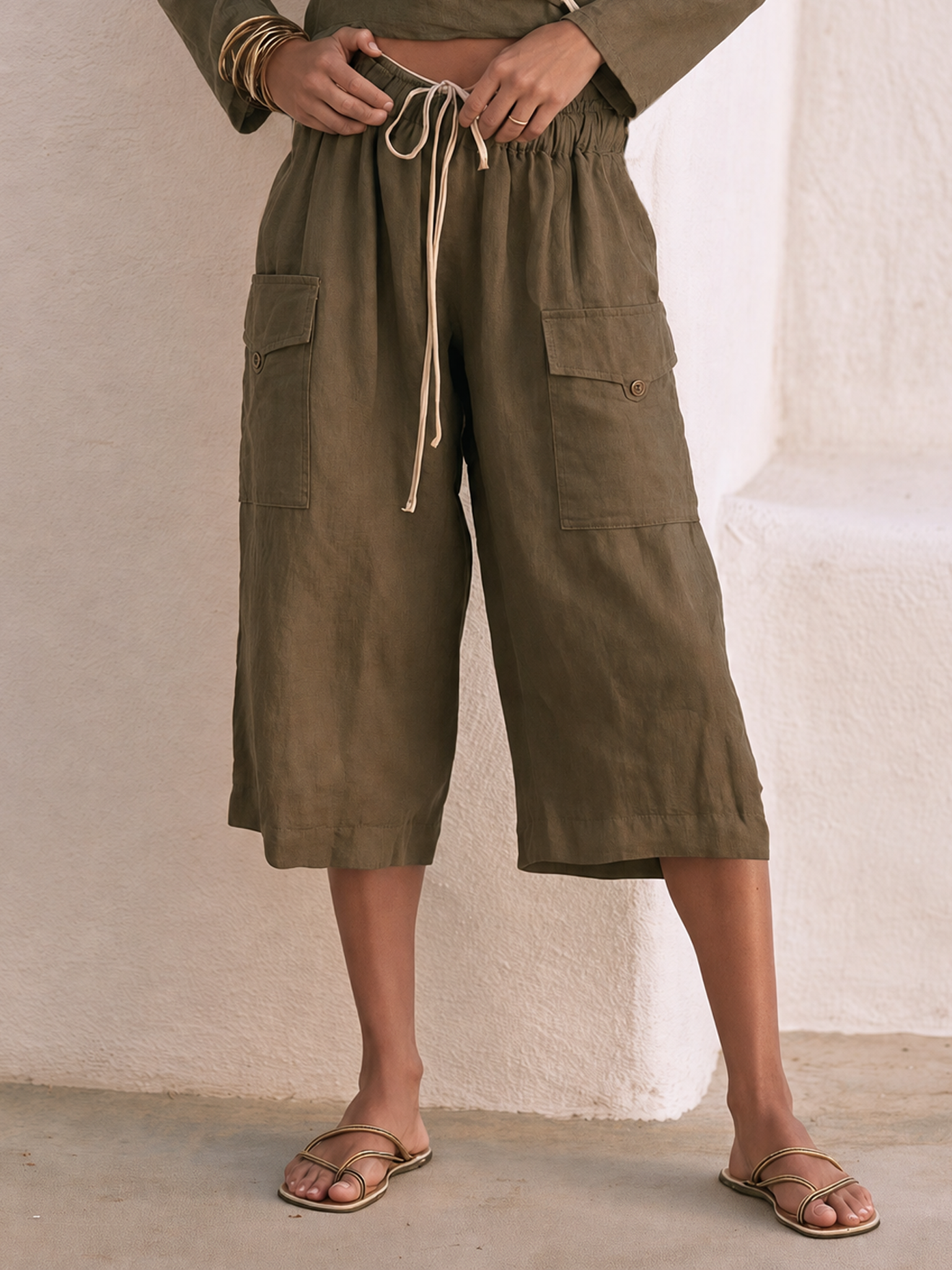 Women's Vintage Casual V-Neck Blouse And Drawstring Utility Cropped Wide-Leg Pants Set MDZ1385H7WY