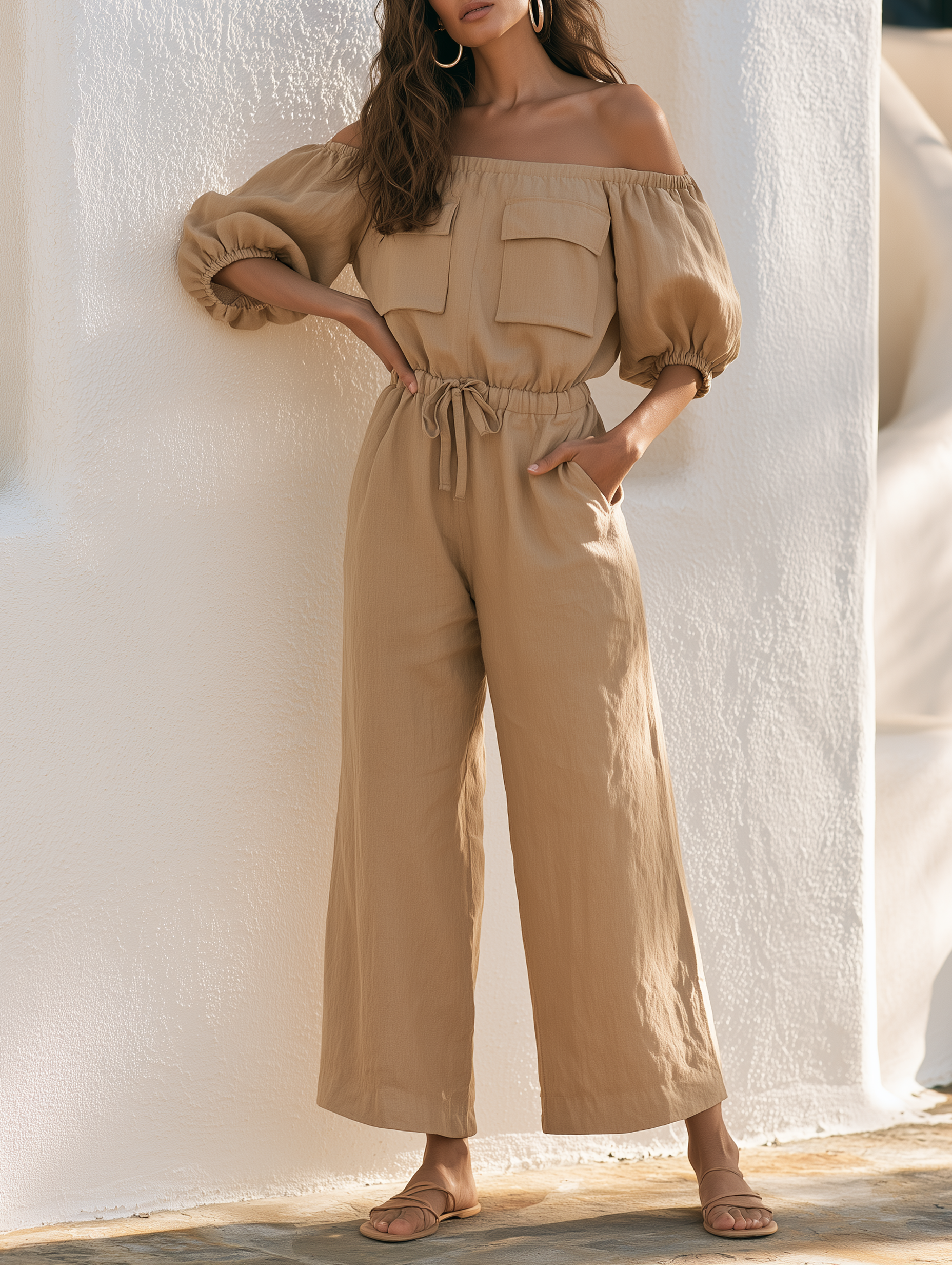 Women's Vintage Utility-Style Off-Shoulder Mid-Sleeve Drawstring Wide-Leg Jumpsuit MDZ1329H2WY
